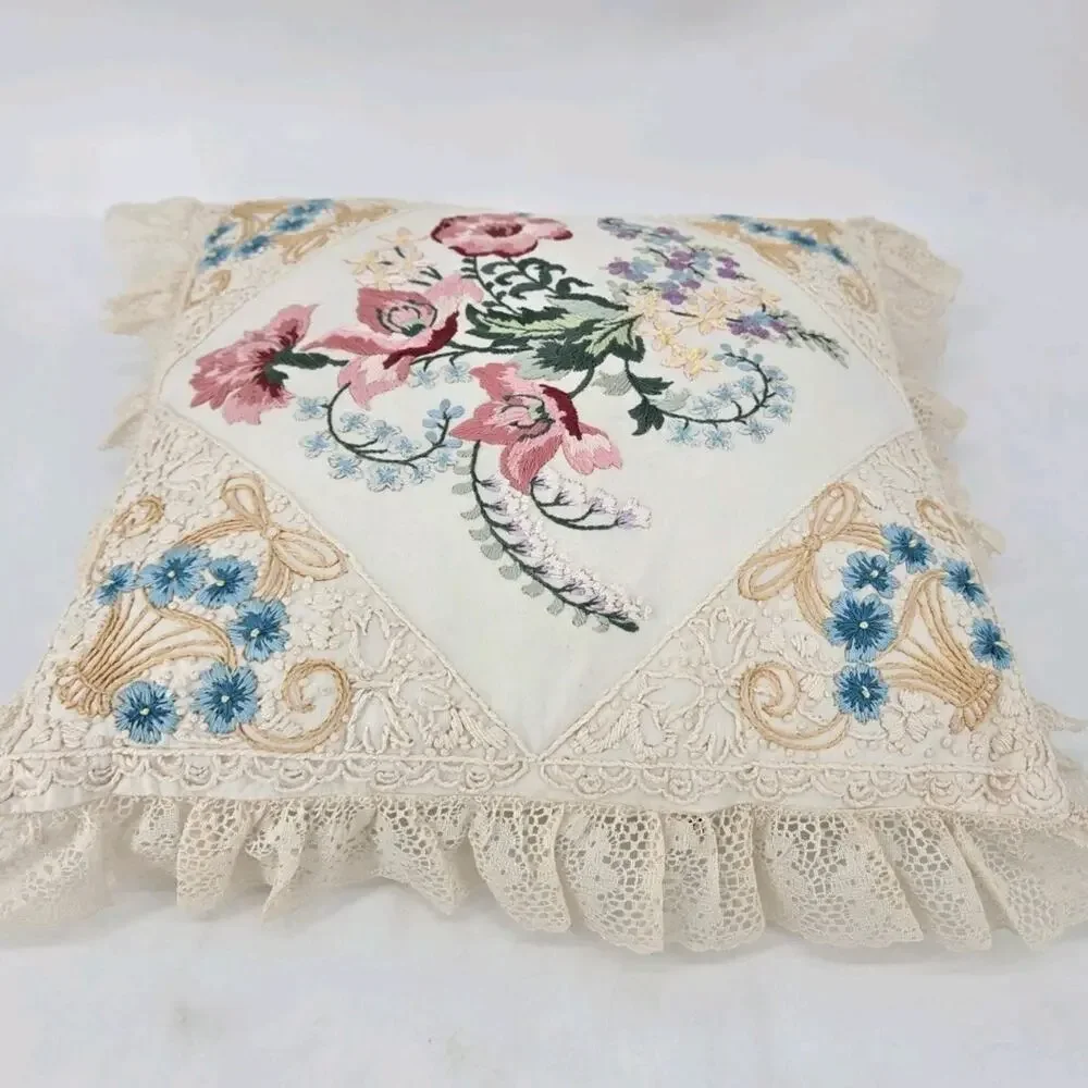 Vintage 90s Grandmacore Embroidered Candmar Designs Victorian Style Throw Pillow